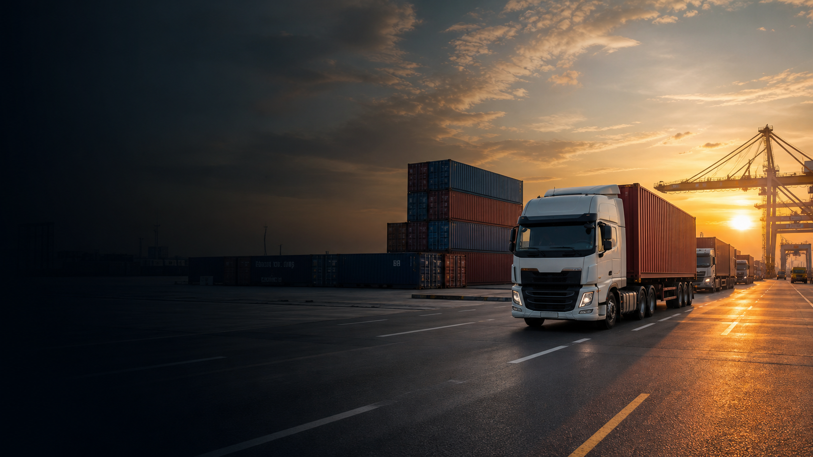 Freight trucks and shipping containers at a logistics terminal
