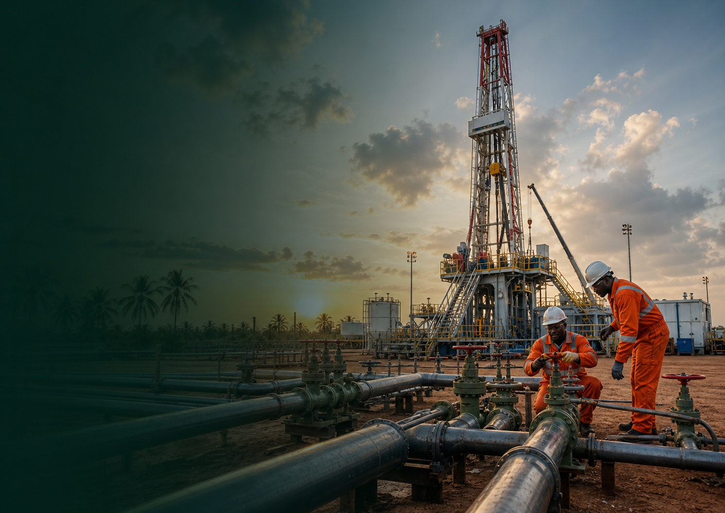 Oil drilling field, pipelines, and industrial workers